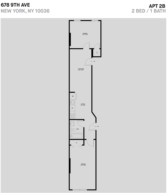 Floor plan for 2 beds, 1 bath, 585 sqft